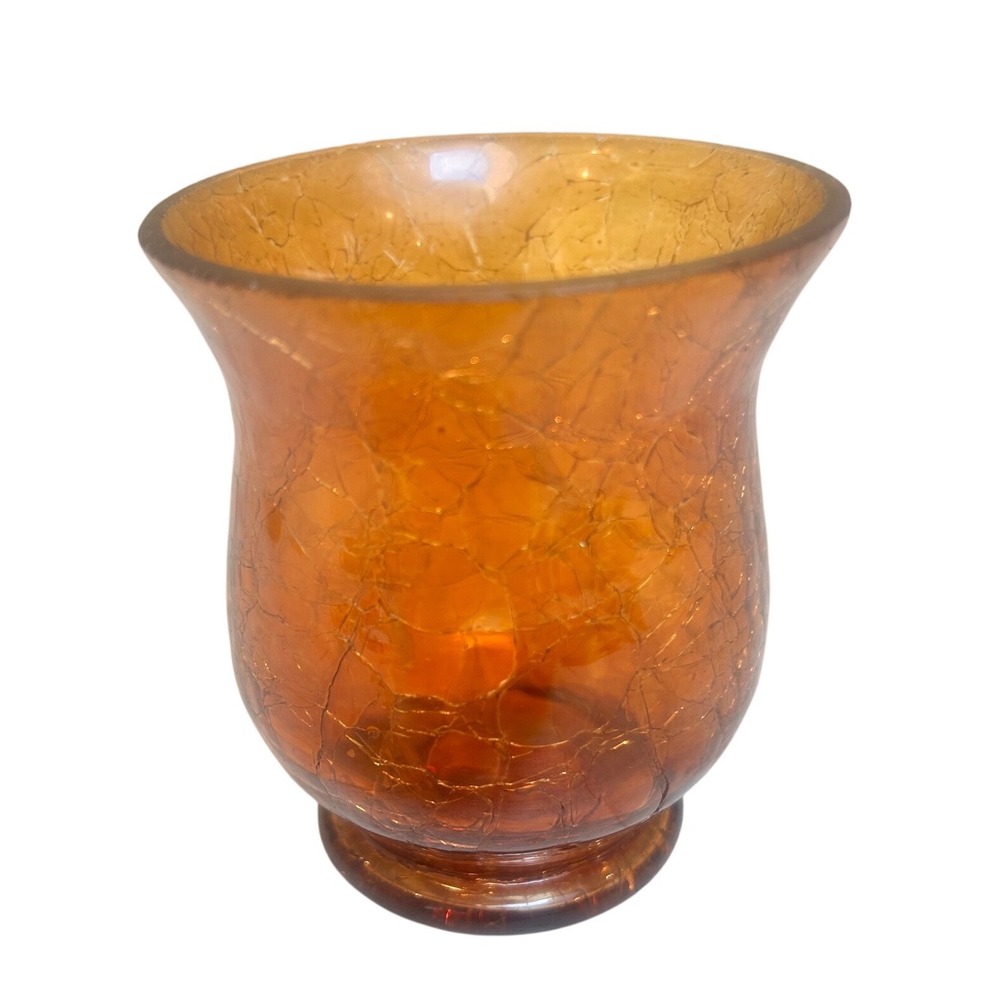 Yankee Candle 2012 Amber Crackle Glass Votive Candle Holder Orange Pedestal 4.5"